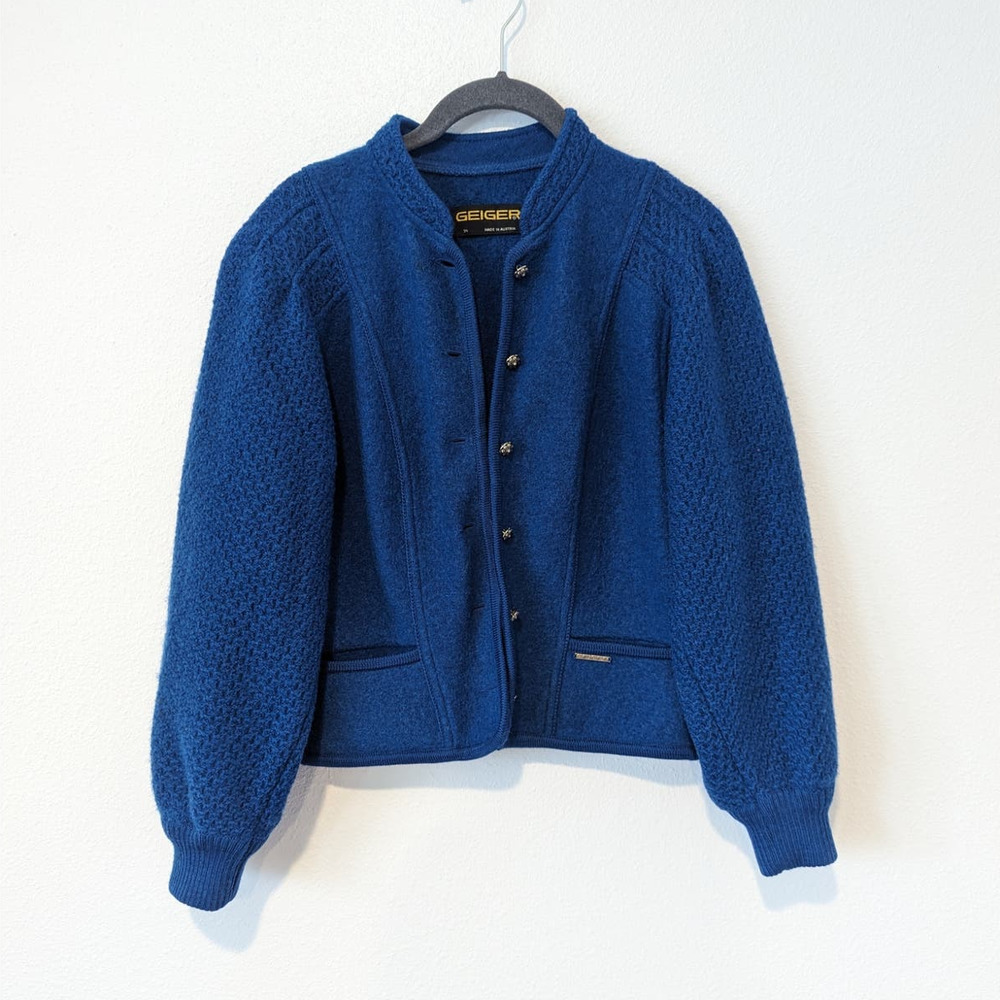 Vintage Geiger 100% Pure Wool Jacket Sweater Royal Blue Knit - Picture 1 of 7